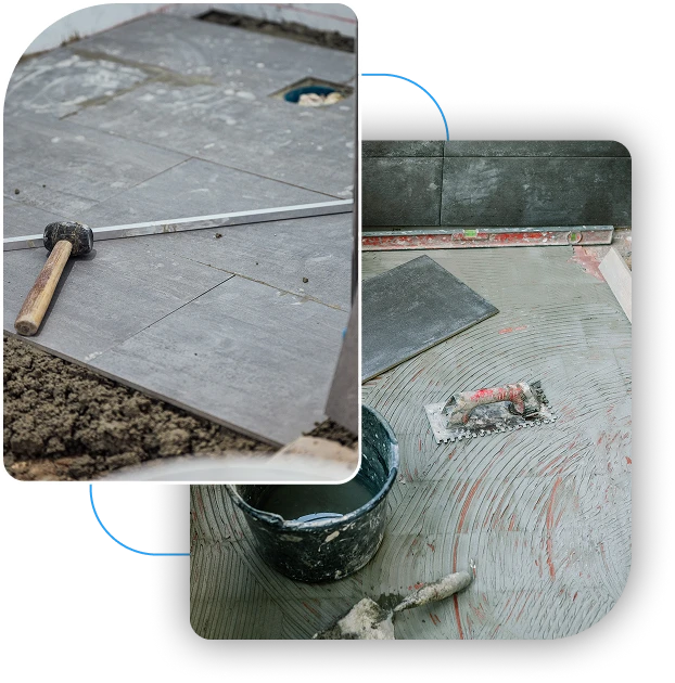 Masonry tools including a hammer and trowel being used to repair and smooth a concrete basement floor.