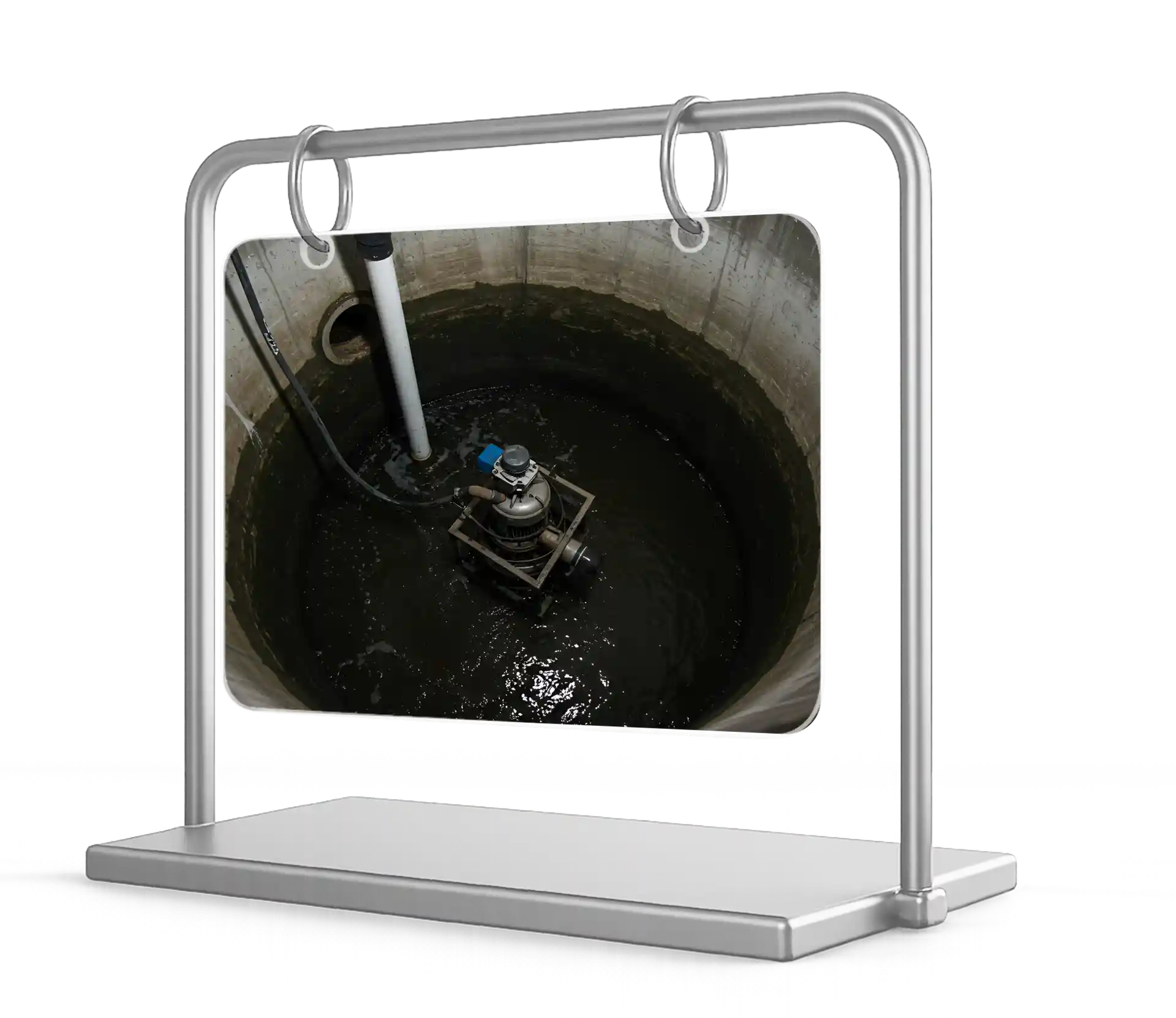 Industrial submersible pump in a concrete wastewater pit.