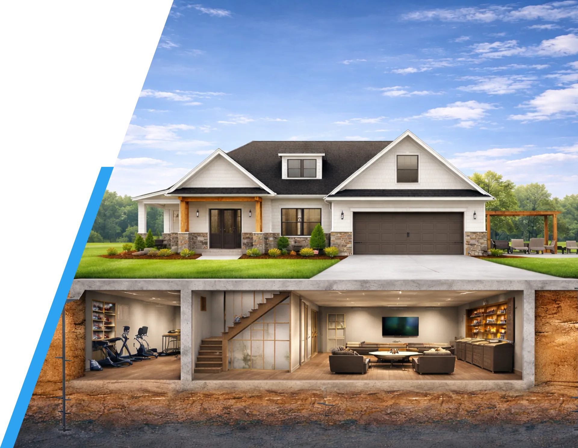 Modern home exterior with a finished underground basement.