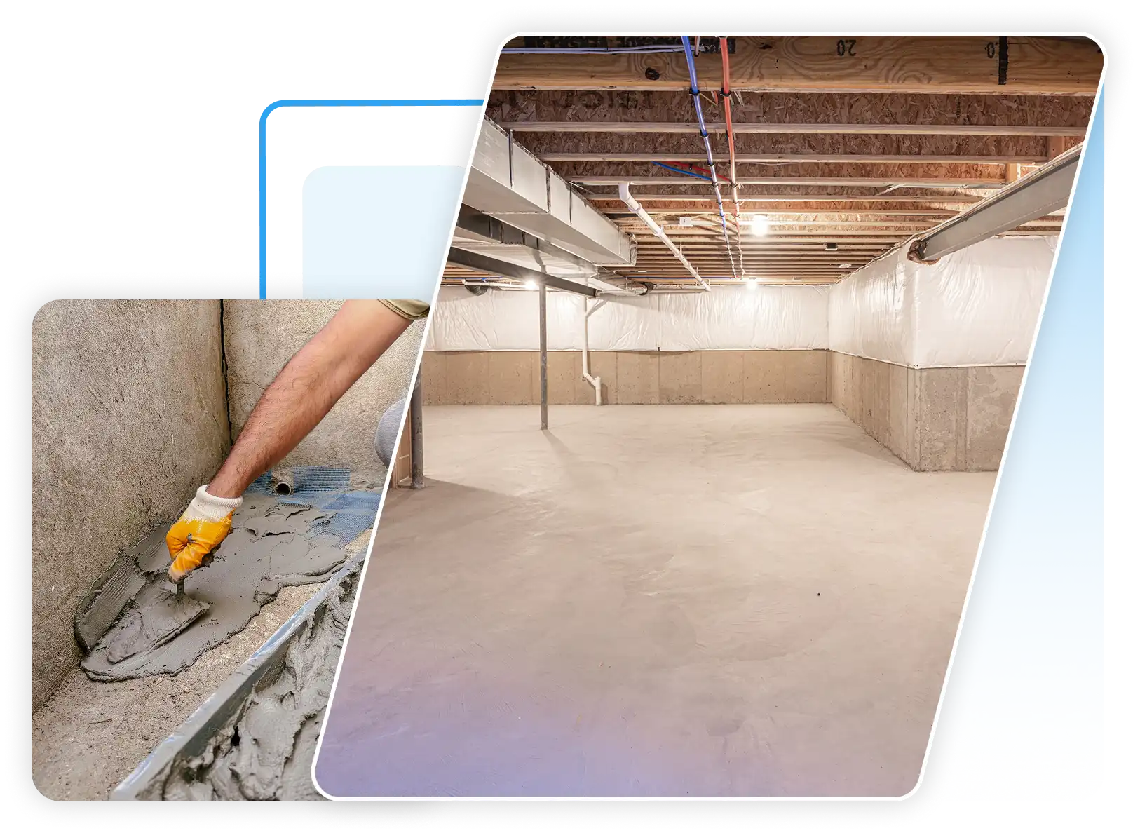 Applying concrete patch to a basement foundation joint and a clean, unfinished basement with installed vapor barriers.