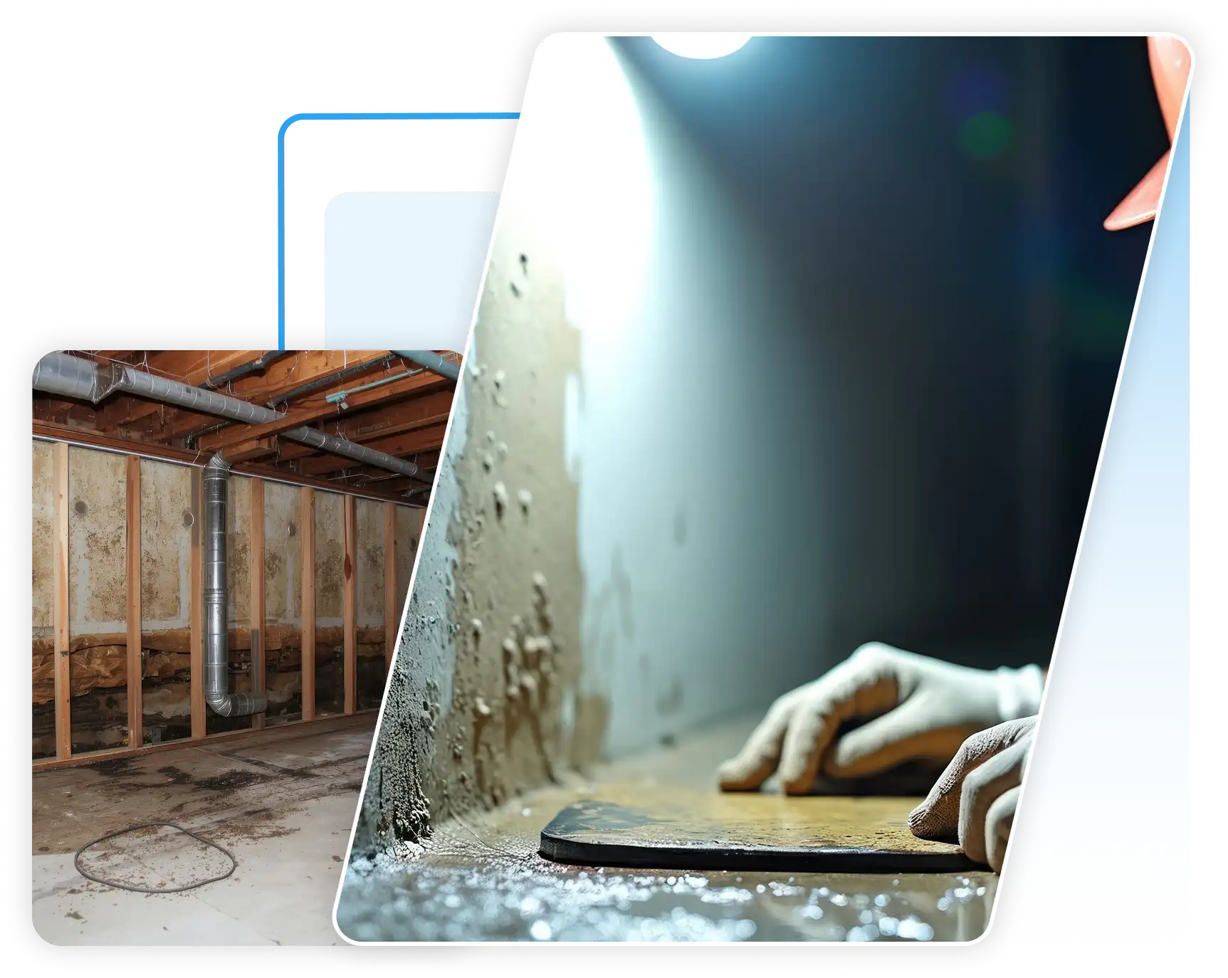 Worker inspecting basement water damage and exposed wall framing.