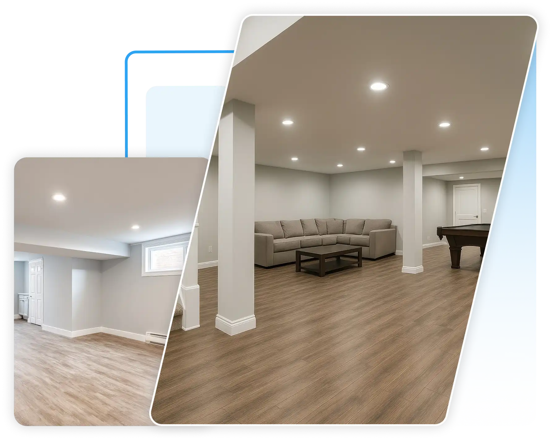 Modern finished basement interior with wood flooring and recessed lights.