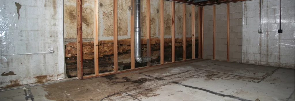 Basement inspection service examining an unfinished basement with water stains.