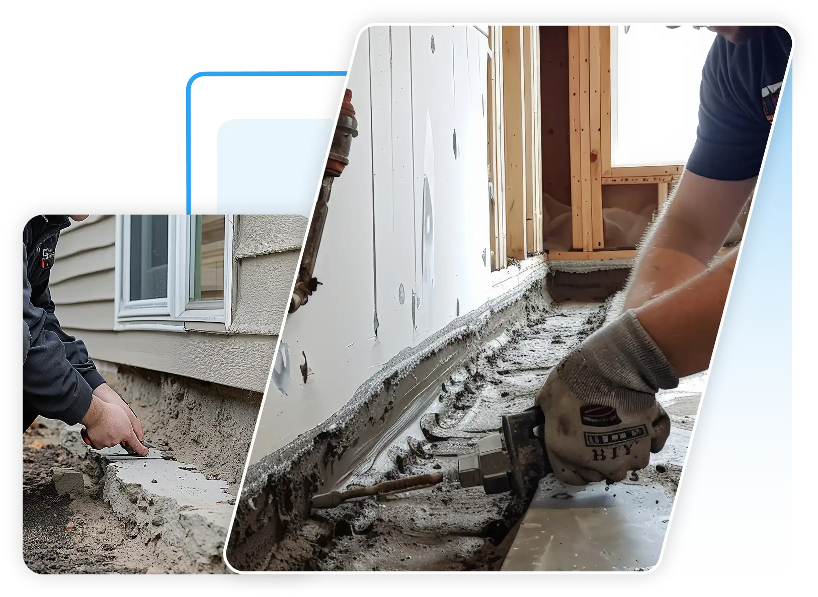 Contractors performing exterior concrete foundation repair and interior basement crack injection sealing.