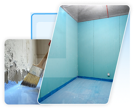 Corner of a basement showing smooth turquoise-painted walls and clean concrete flooring.
