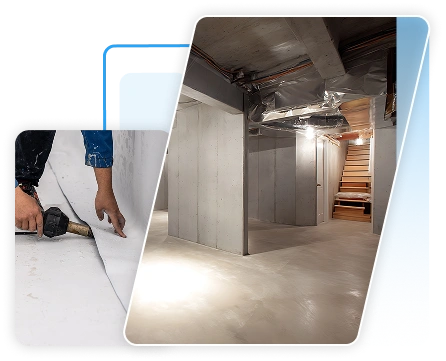 Collage showing an exterior foundation excavation trench next to a freshly waterproofed interior wall.