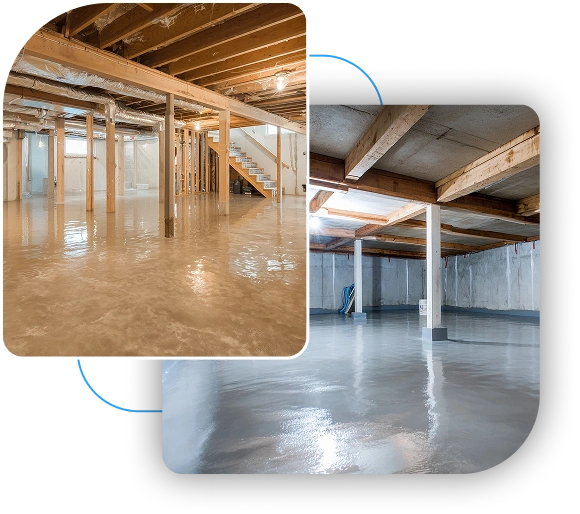 Unfinished basement featuring structural wooden floor joists and clean concrete foundation walls.