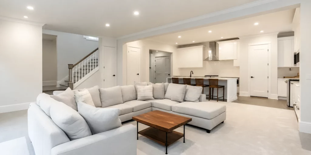 Modern finished basement living area equipped with a neutral-toned sectional sofa and warm lighting.
