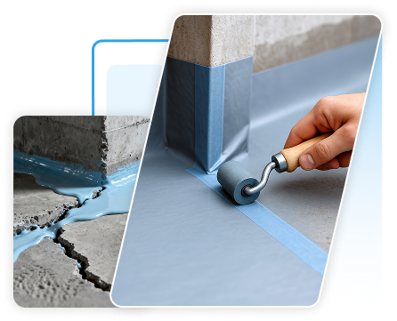 Waterproofing technician using a small paint roller to apply a liquid barrier coating on a basement floor.