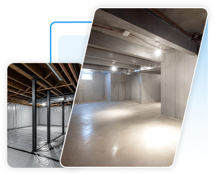 Basement structural ceiling featuring exposed wooden floor joists and ductwork.