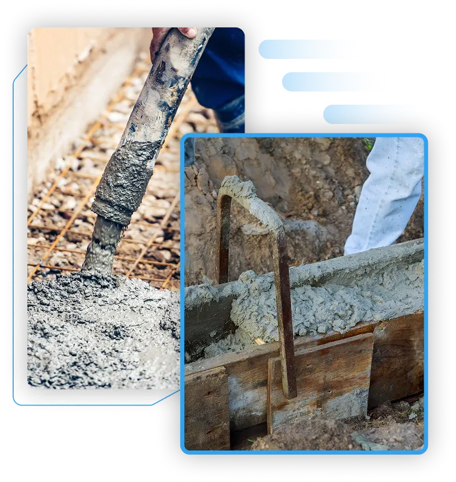 Collage showing a concrete pump hose pouring wet concrete over wire mesh, and freshly poured concrete setting inside wooden foundation forms.