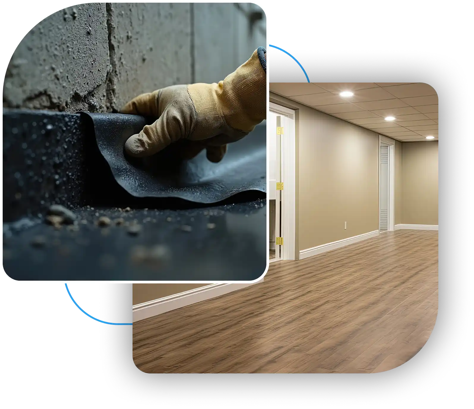 Applying black waterproofing membrane to a concrete foundation and a fully finished modern basement interior.