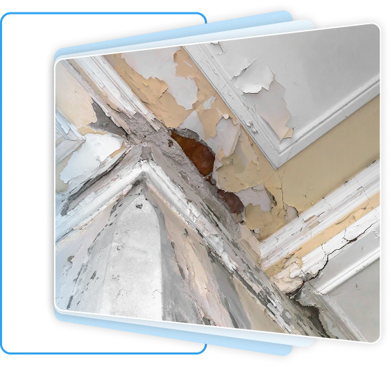Severe ceiling water damage showing peeling paint and crumbling plaster in the corner of a residential room.