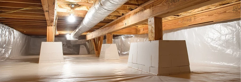 Clean encapsulated crawl space with a white vapor barrier lining.