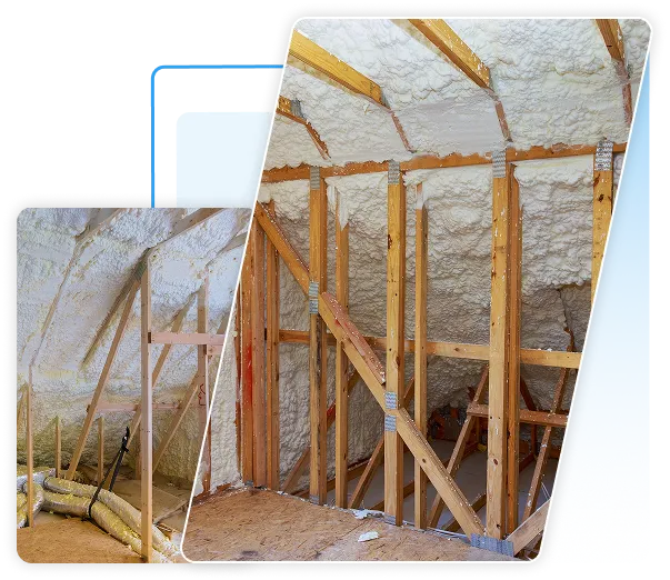Crawl space insulation showing wooden framing with spray foam next to a plain concrete wall.
