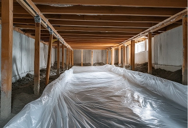 Crawl space with wooden support posts and a bright white vapor barrier laid over the center of a dirt floor.