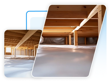 Clean encapsulated crawl space with a white vapor barrier.