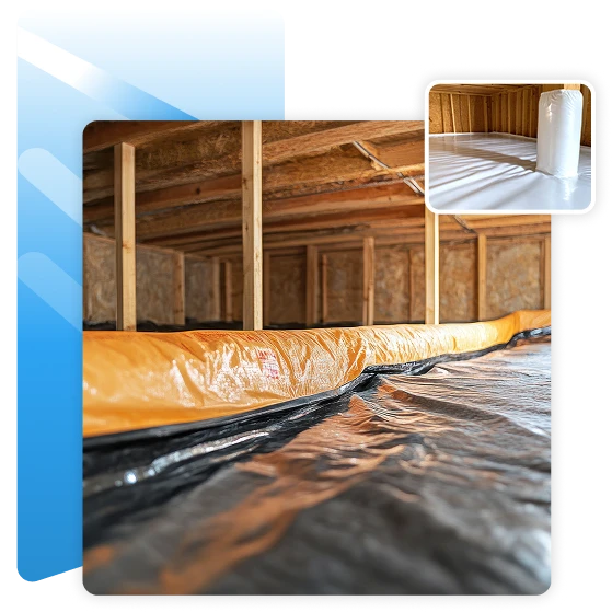 Crawl space with a black vapor barrier and orange perimeter liner.