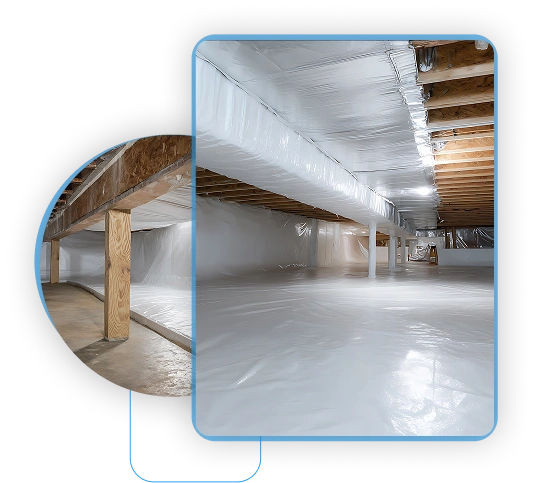 Encapsulated crawl space with a bright white vapor barrier.