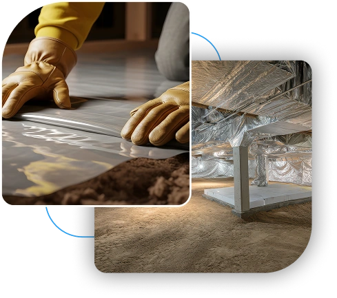 Installing a crawl space moisture barrier and reflective foil insulation.