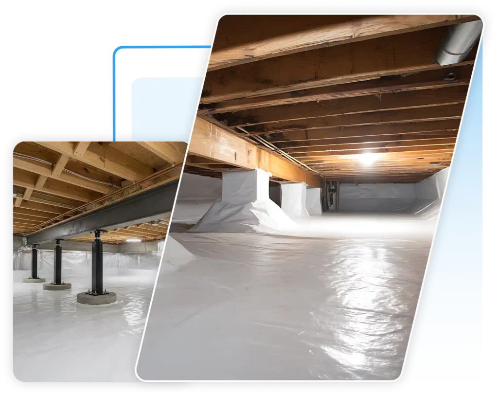 Collage showing installed steel support jacks in a crawl space and a fully encapsulated crawl space with a white vapor barrier.