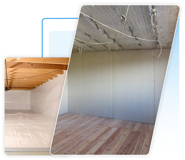 Split view of a basement wall fully encapsulated with white vapor barrier versus a bare concrete wall.
