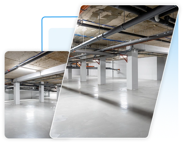 Large empty commercial parking garage with a smooth, glossy epoxy floor coating.