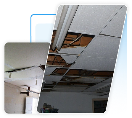 Damaged acoustic drop ceiling panels in a basement showing heavy water stains and sagging.