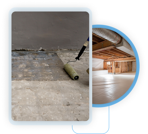Collage showing basement floor prep work alongside an open unfinished room with wooden joists.