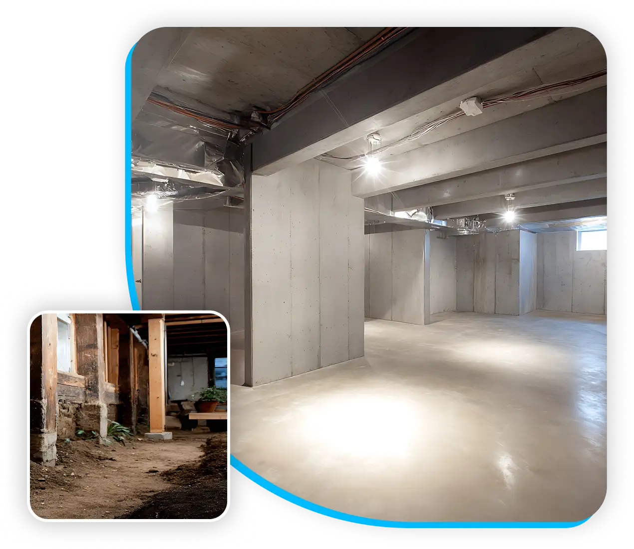 Before and after comparison of a dirt crawl space transformed into a clean, waterproofed concrete basement.