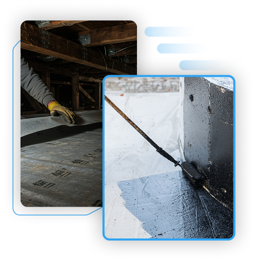 Split screen showing a dark unfinished basement wall versus a bright, dry finished room.
