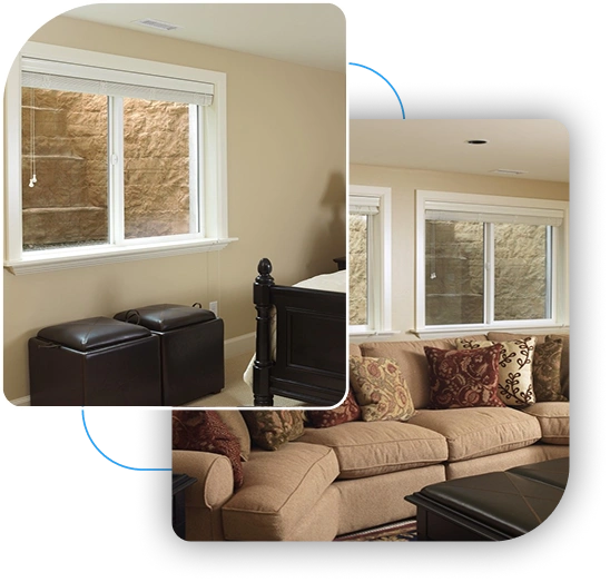 Finished basement with egress window and stone window well.