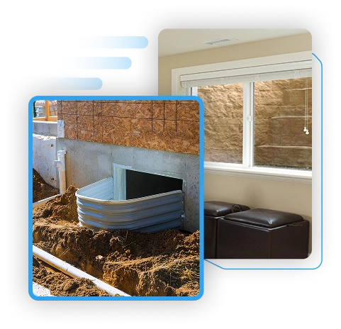Split view showing the installation process of a basement egress window well outdoors and the finished interior view from inside a home.