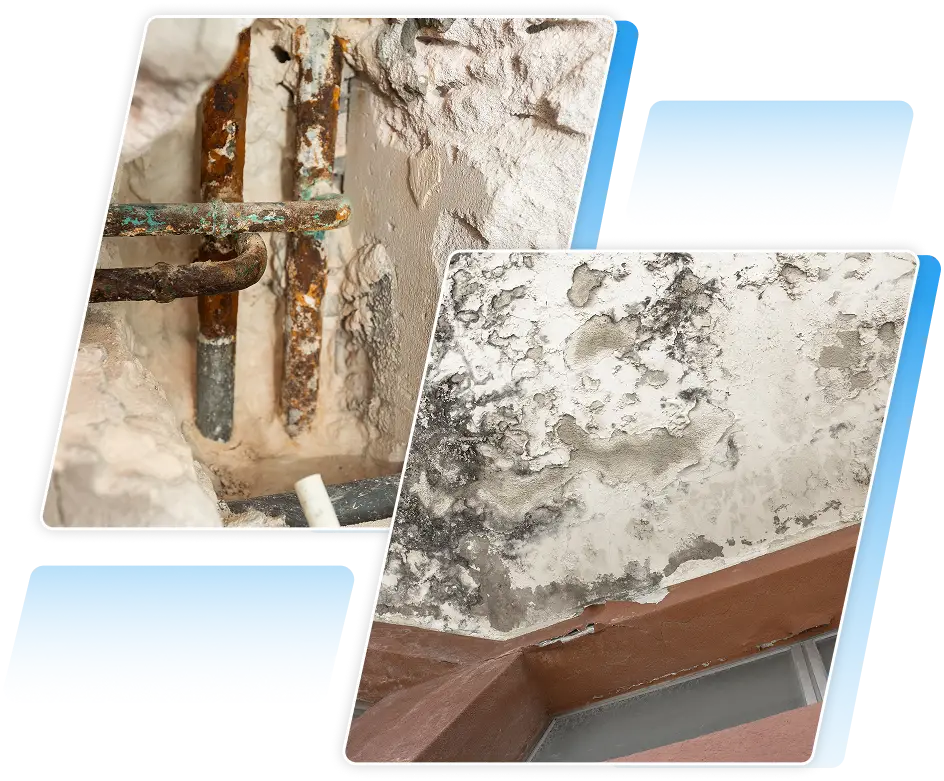 Exposed rusted water pipes inside a broken wall cavity paired with extensive interior ceiling water damage.