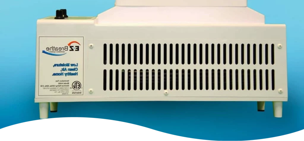 White EZ Breathe ventilation and humidity control unit against a blue background.
