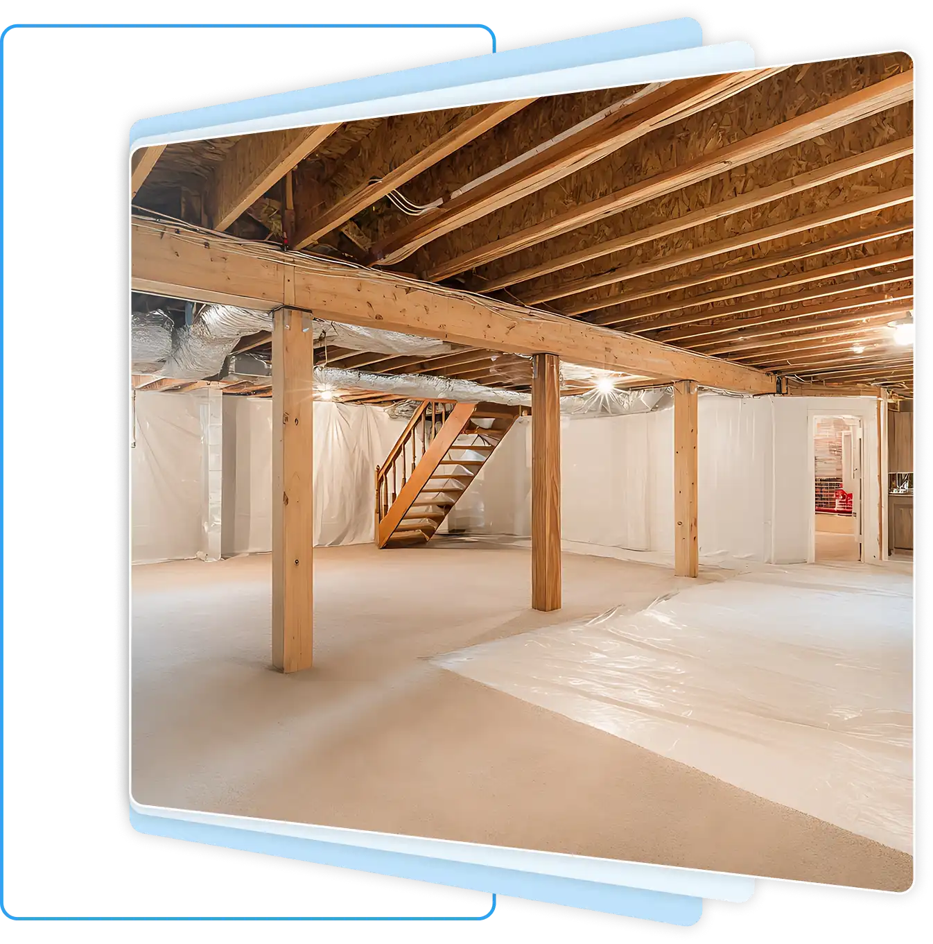 Clean unfinished residential basement with white wall vapor barrier encapsulation and wooden support columns.