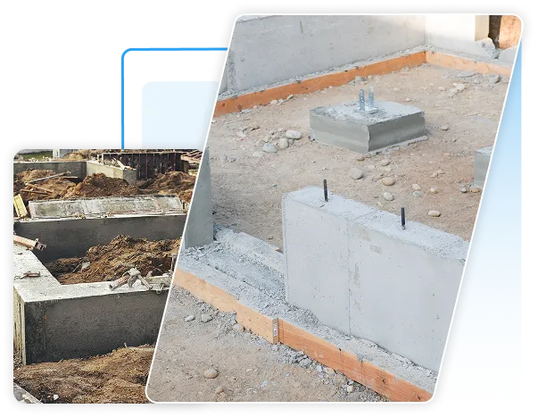 Newly poured concrete foundation walls and structural footings with metal post anchors.