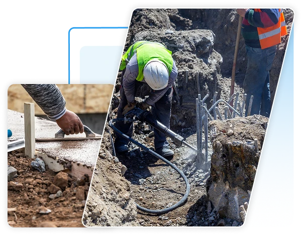 Collage of construction services featuring a worker smoothing wet concrete with a hand trowel alongside another contractor using a heavy-duty jackhammer for concrete demolition in a dirt trench.