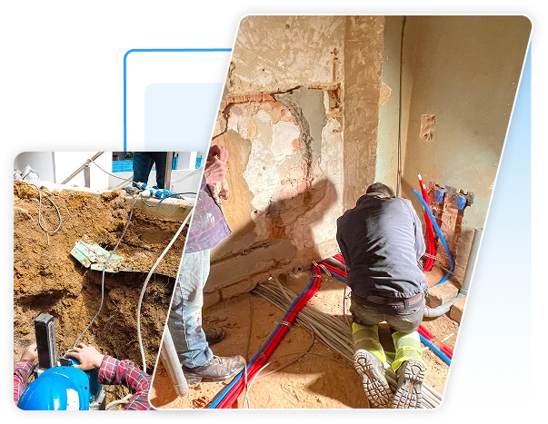 Collage of construction workers performing exterior trench excavation and a plumber installing red and blue PEX water pipes against an exposed interior brick wall.