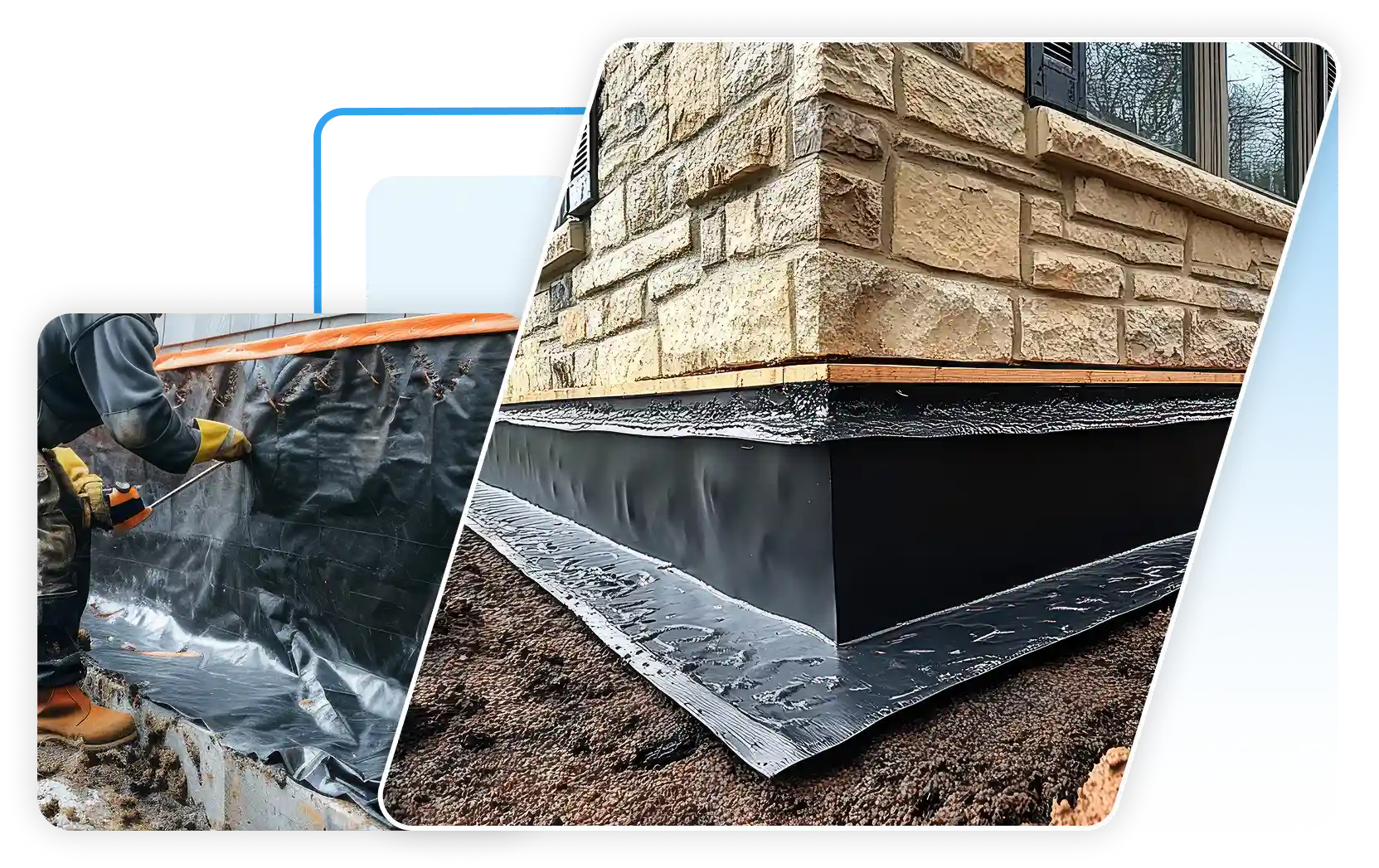 Exterior foundation waterproofing membrane installation on a stone house.