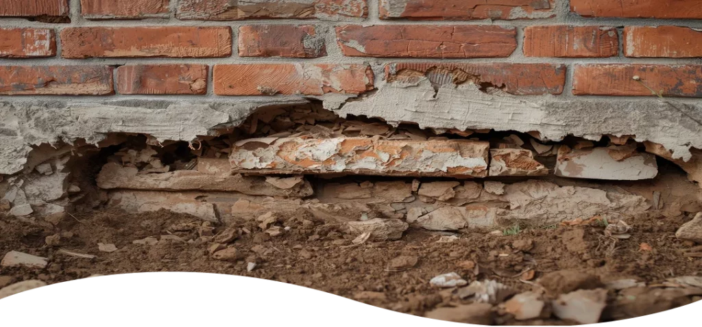 Severe foundation damage showing a large horizontal crack and crumbling concrete under a brick wall.