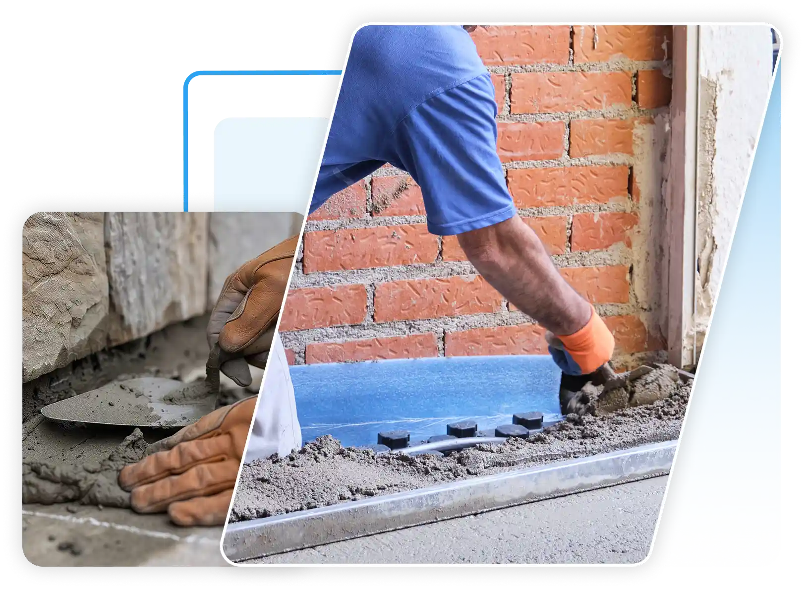 Close-up of an exterior foundation wall repair project next to a brick structure.