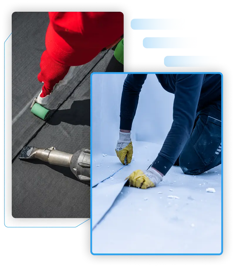 Contractors heat welding seams and installing flat roof waterproofing membrane.