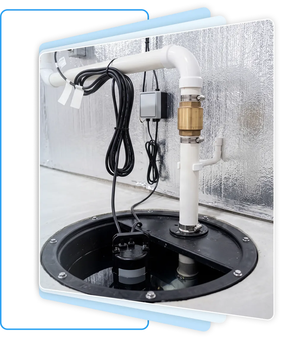 Sump pump system with a brass check valve and reflective insulation.