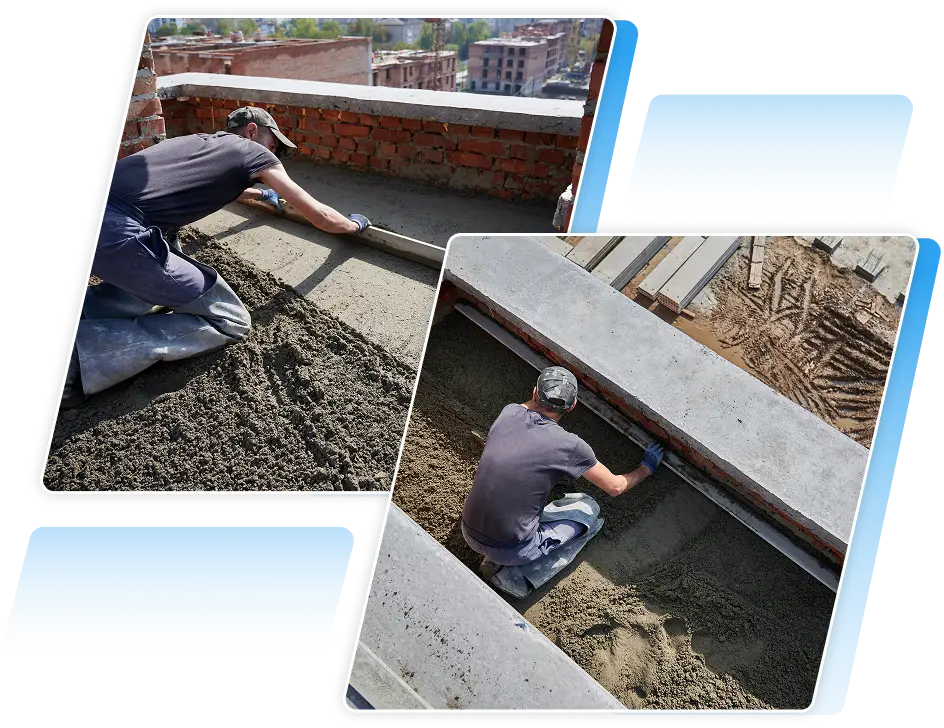 Collage of a construction worker kneeling to screed and level a fresh layer of concrete mix on an outdoor structural slab.