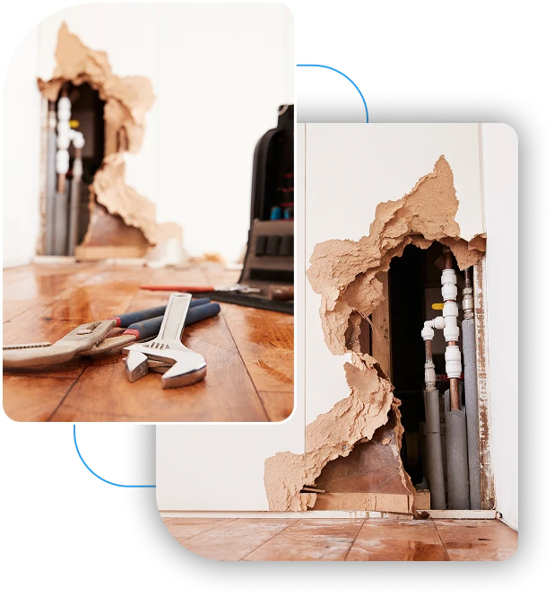 Plumbing wrenches resting on a hardwood floor in front of a broken drywall cavity exposing insulated residential water pipes.