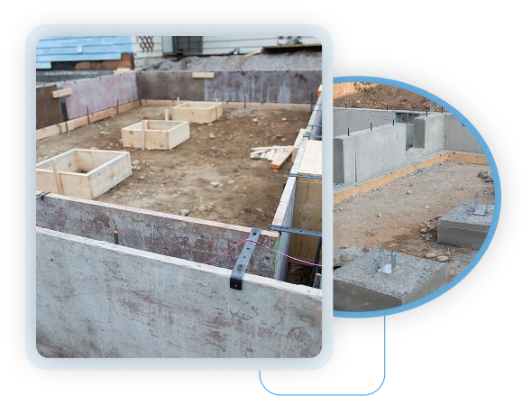 Wood formwork and newly poured concrete footings for a residential building foundation.