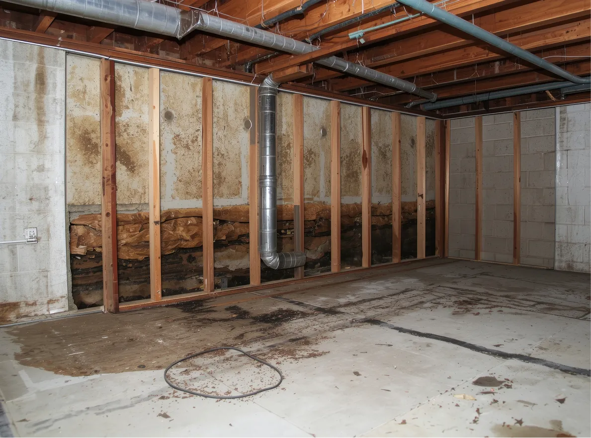 Unfinished basement interior showing concrete walls, wooden framing, and exposed ceiling ductwork.