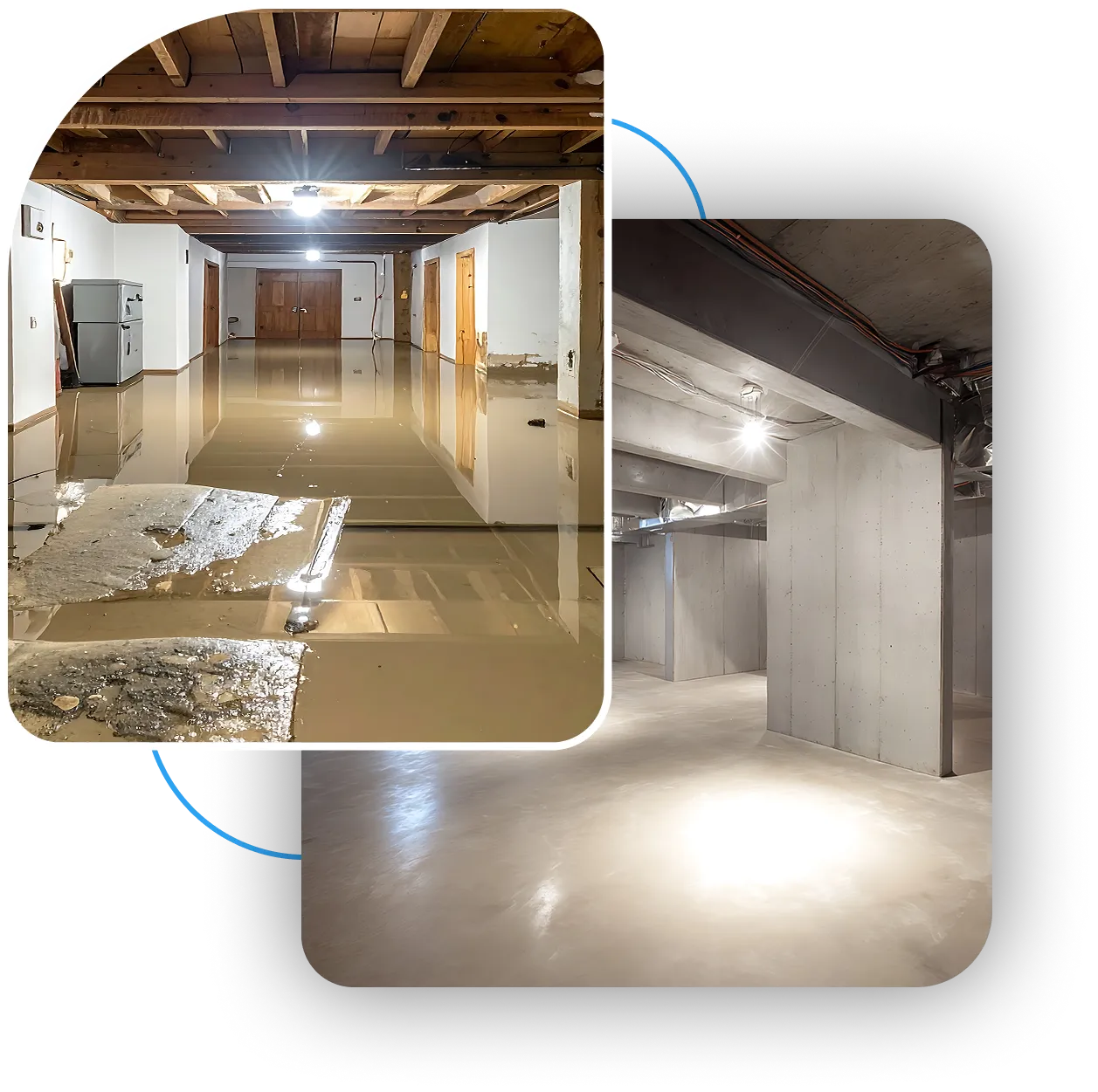 Flooded basement with standing water and a clean concrete basement.