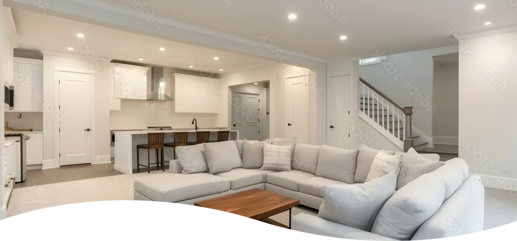 Beautifully finished modern basement living room and kitchen protected by an interior drainage system.